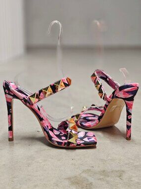 Pink & Gold Studded High Heel Sandals With Floral Pattern Open Toe Stiletto Heel
